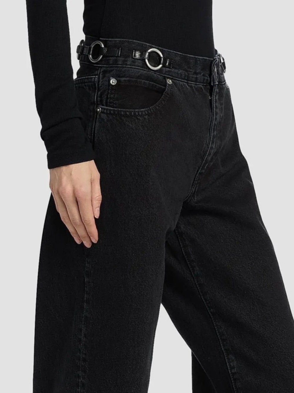 Frame Denim Black Wide Leg High-Rise Jeans with O-Ring Details